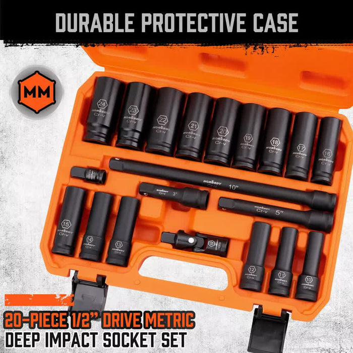 19Pc Deep Socket Set Impact 1/2" Drive Extension Bars Flexible Adapter 10-24mm