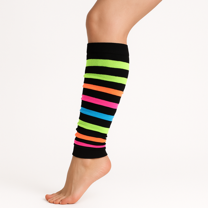 RAINBOW LEG WARMERS Party Costume Fine Stretch Ladies Girls Fancy Dress - Rainbow with Black Stripe