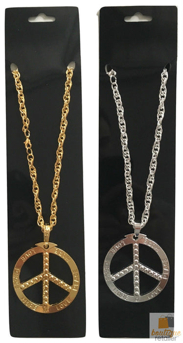 PEACE Sign Metal Necklace Chain Hippie Costume Party Pendant Chain Jewellery 70s 60s - Silver