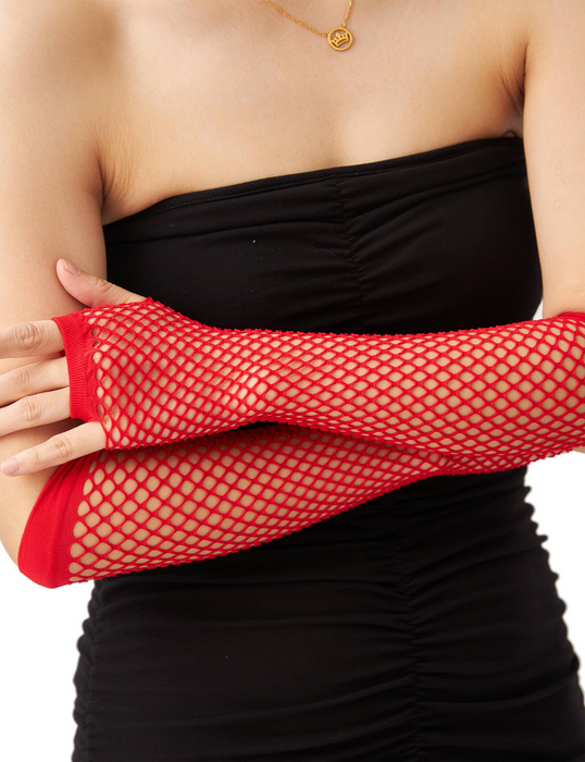 FISHNET GLOVES Fingerless Elbow Length 70s 80s Womens Costume Party Dance - Red - One Size