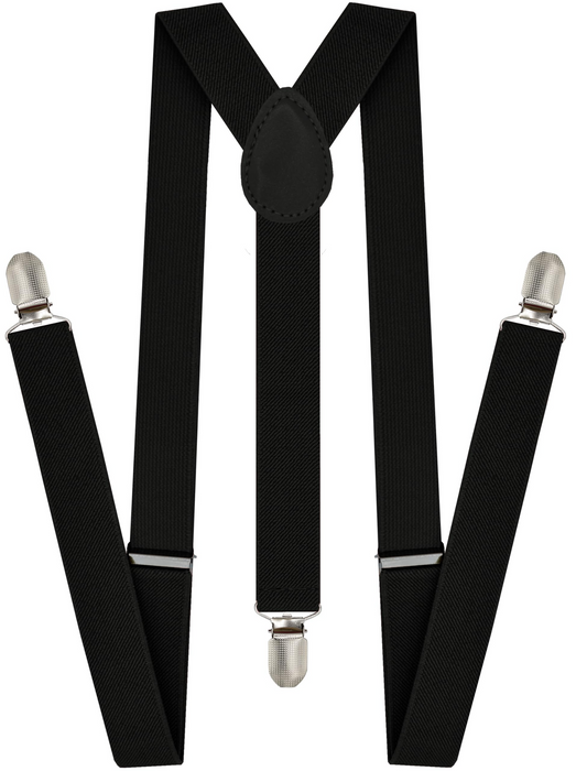 Mens Suspenders Braces Adjustable Strong Clip On Elastic Formal Wedding Slim - Black