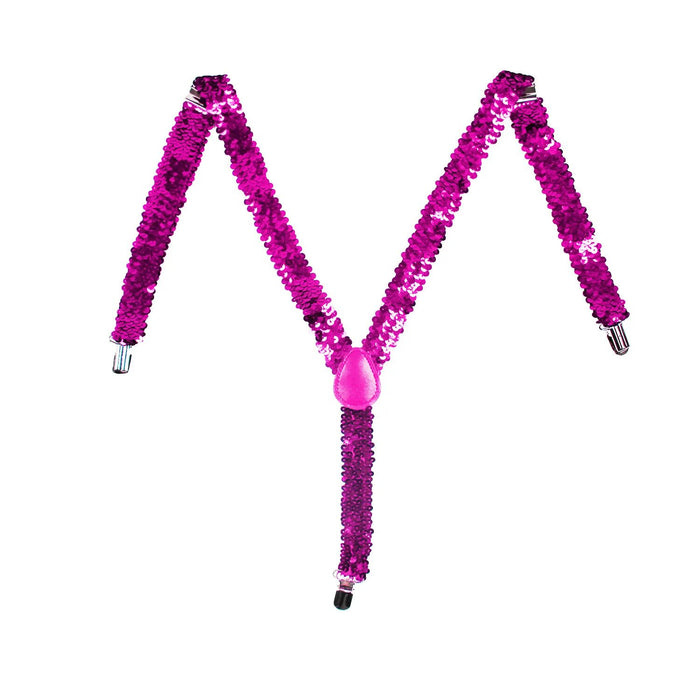 Mens Suspenders Braces Adjustable Strong Clip On Elastic Formal Wedding Slim - Hot Pink (Sequin)