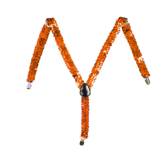 Mens Suspenders Braces Adjustable Strong Clip On Elastic Formal Wedding Slim - Orange (Sequin)