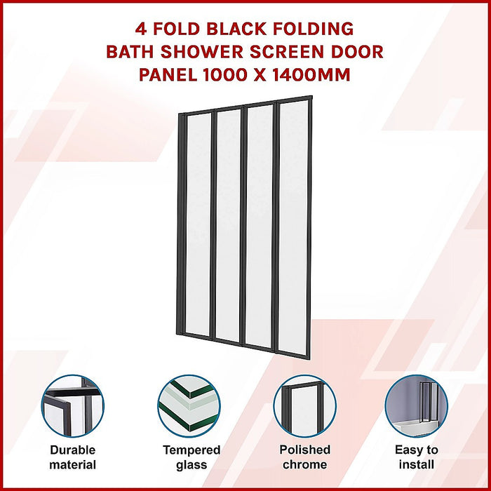 4 Fold Black Folding Bath Shower Screen Door Panel 1000 x 1400mmHigh Quality