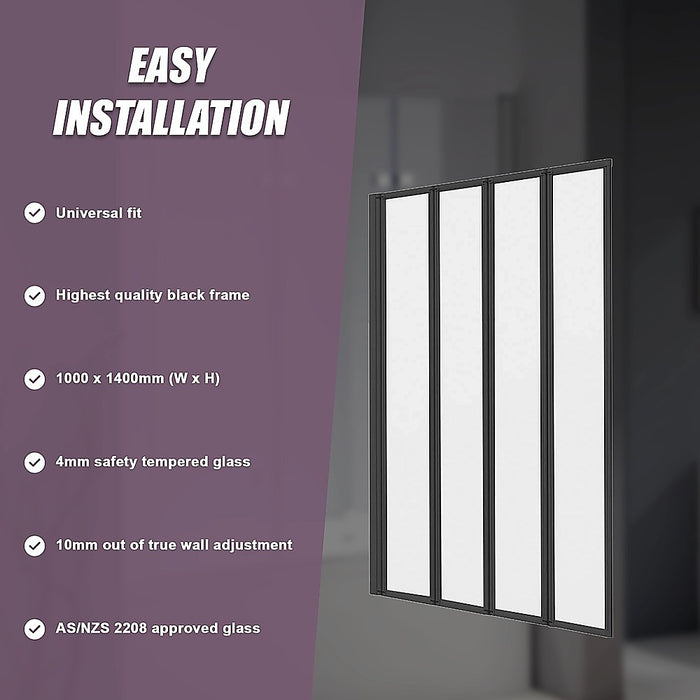 4 Fold Black Folding Bath Shower Screen Door Panel 1000 x 1400mmHigh Quality