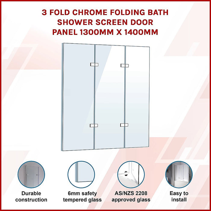 3 Fold Chrome Folding Bath Shower Screen Door Panel 1300mm x 1400mmHigh Quality