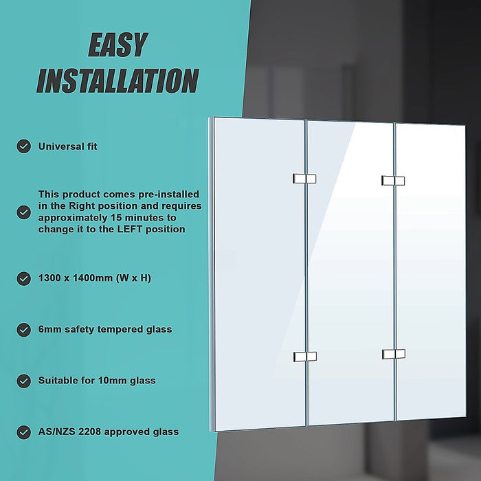 3 Fold Chrome Folding Bath Shower Screen Door Panel 1300mm x 1400mmHigh Quality