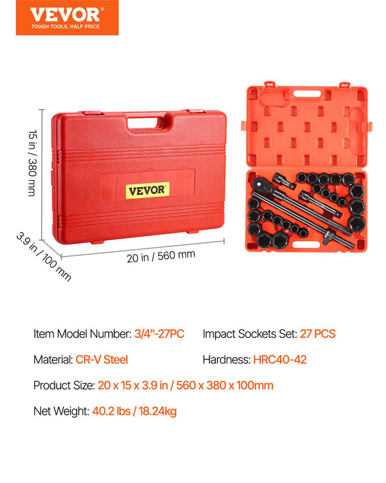 Impact Socket Set 3/4 Inches 27 Piece SAE 7/8 to 2 Inches and Metric 22 to 50 mm