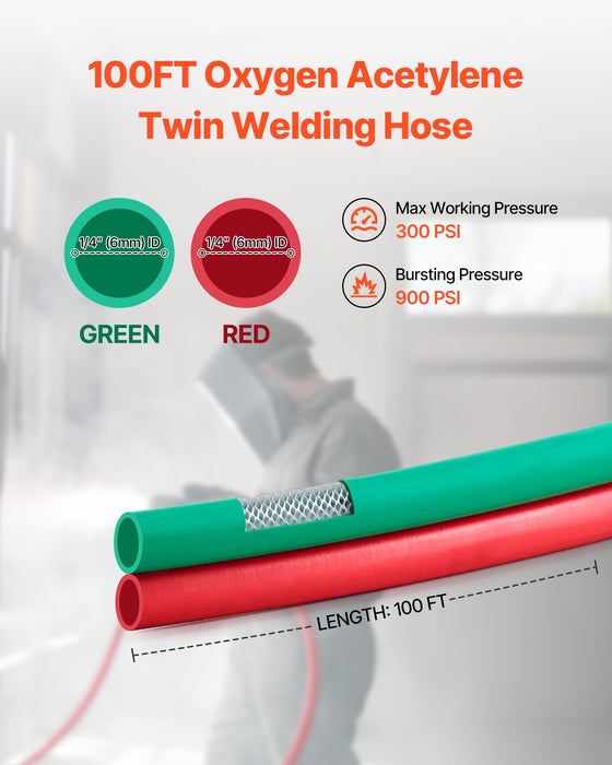 Oxygen Acetylene Hose 1/4-Inch x 100FT T Grade Hose 300PSI Max Working Pressure