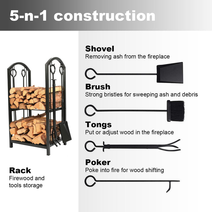 Firewood Rack With 4 Fireplace Tool Set Log Wood Holder Steel Large Storage