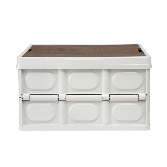 Gardeon Collapsible Outdoor Storage Box 50L Stackable Folding Camping Organizer Plywood Lid Beige
