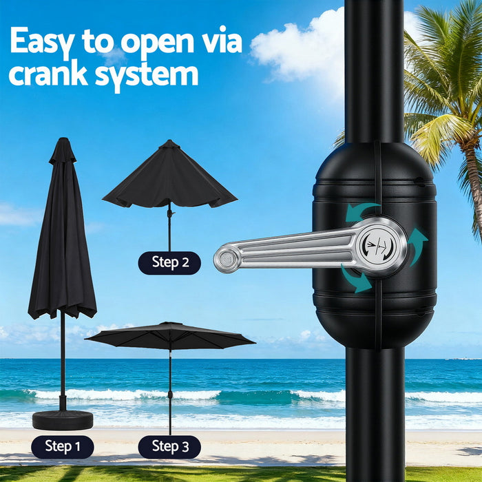 Instahut Outdoor Umbrella 2.9m Market Umbrella with Base String Light Black