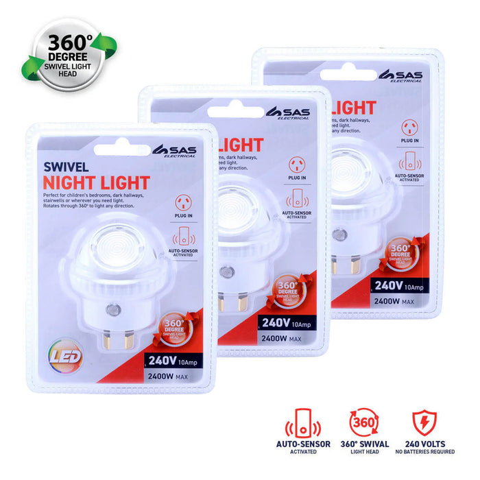 3X 360 Degree Swivel Night Light Auto Sensor Auto LED 240 V Plug In 6.5 x 5cm AU