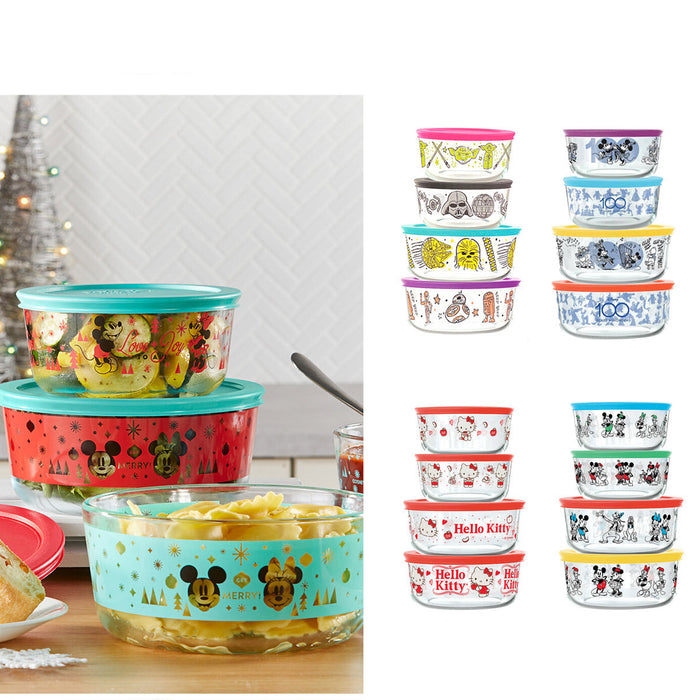Pyrex 8pcs Glass Food Storage lock Containers with lid Hello Kitty / Star Wars / Mickey Mouse