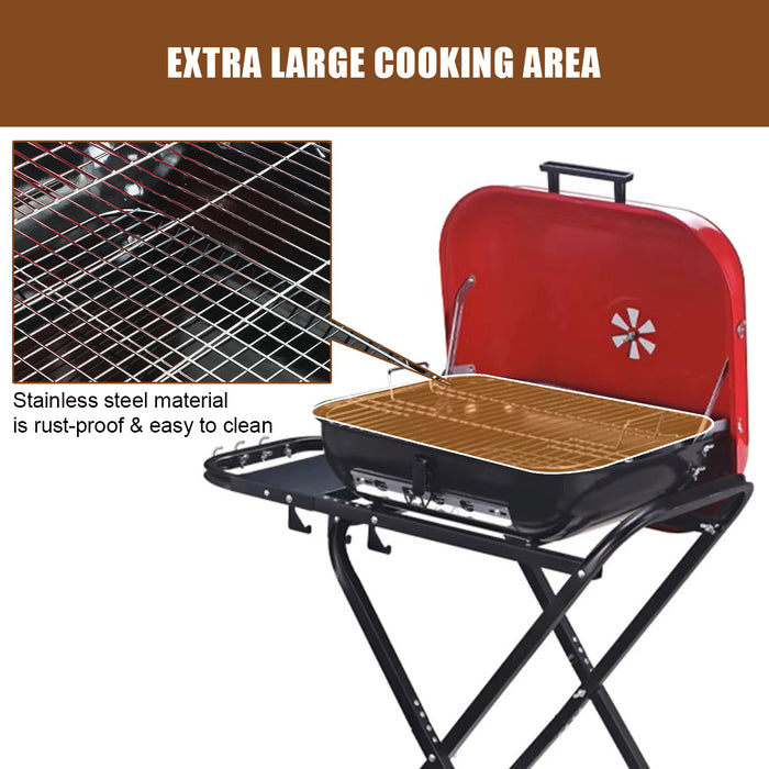 Portable Charcoal Grill with Wheels, Foldable BBQ Grill for Outdoor Cooking, Heavy Duty Barbecue Grill for Camping, Backyard, Patio, Picnic Grilling, Travel With Side Shelves (Red/Black)