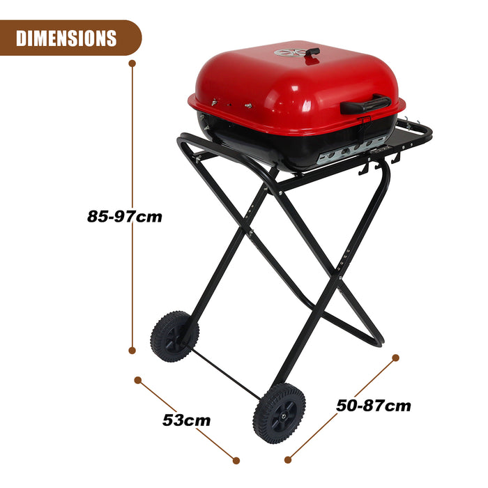 Portable Charcoal Grill with Wheels, Foldable BBQ Grill for Outdoor Cooking, Heavy Duty Barbecue Grill for Camping, Backyard, Patio, Picnic Grilling, Travel With Side Shelves (Red/Black)
