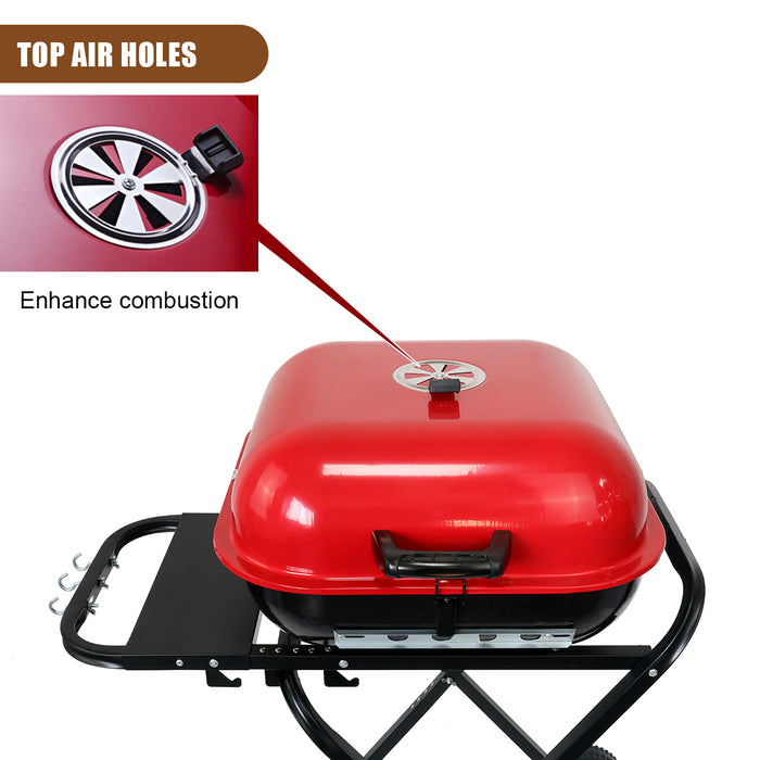 Portable Charcoal Grill with Wheels, Foldable BBQ Grill for Outdoor Cooking, Heavy Duty Barbecue Grill for Camping, Backyard, Patio, Picnic Grilling, Travel With Side Shelves (Red/Black)