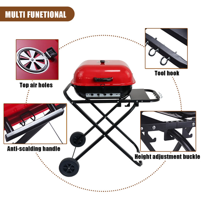 Portable Charcoal Grill with Wheels, Foldable BBQ Grill for Outdoor Cooking, Heavy Duty Barbecue Grill for Camping, Backyard, Patio, Picnic Grilling, Travel With Side Shelves (Red/Black)