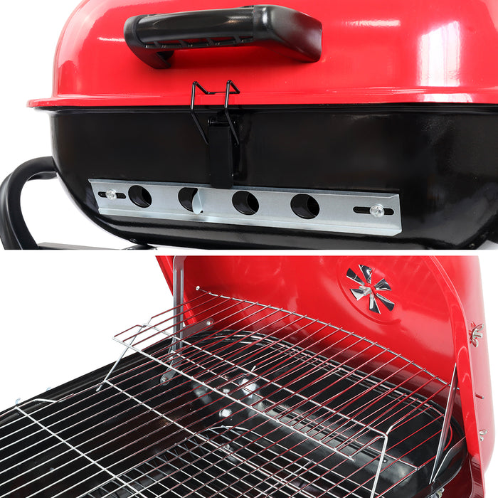 Portable Charcoal Grill with Wheels, Foldable BBQ Grill for Outdoor Cooking, Heavy Duty Barbecue Grill for Camping, Backyard, Patio, Picnic Grilling, Travel With Side Shelves (Red/Black)