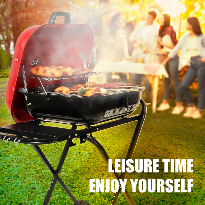 Portable Charcoal Grill with Wheels, Foldable BBQ Grill for Outdoor Cooking, Heavy Duty Barbecue Grill for Camping, Backyard, Patio, Picnic Grilling, Travel With Side Shelves (Red/Black)