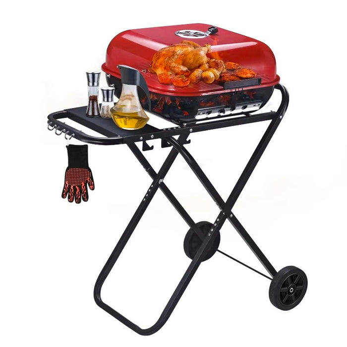 Portable Charcoal Grill with Wheels, Foldable BBQ Grill for Outdoor Cooking, Heavy Duty Barbecue Grill for Camping, Backyard, Patio, Picnic Grilling, Travel With Side Shelves (Red/Black)