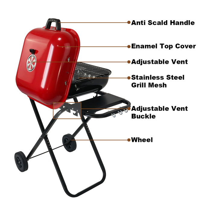 Portable Charcoal Grill with Wheels, Foldable BBQ Grill for Outdoor Cooking, Heavy Duty Barbecue Grill for Camping, Backyard, Patio, Picnic Grilling, Travel With Side Shelves (Red/Black)