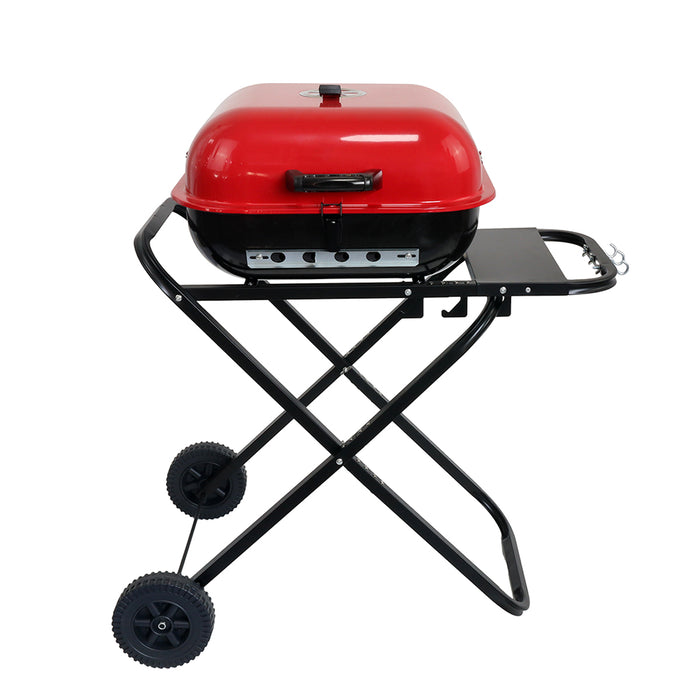 Portable Charcoal Grill with Wheels, Foldable BBQ Grill for Outdoor Cooking, Heavy Duty Barbecue Grill for Camping, Backyard, Patio, Picnic Grilling, Travel With Side Shelves (Red/Black)