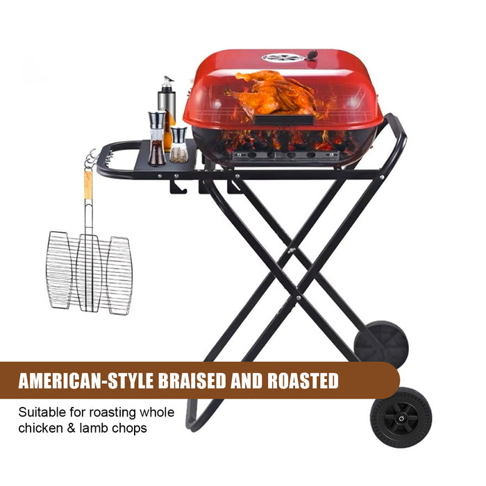 Portable Charcoal Grill with Wheels, Foldable BBQ Grill for Outdoor Cooking, Heavy Duty Barbecue Grill for Camping, Backyard, Patio, Picnic Grilling, Travel With Side Shelves (Red/Black)