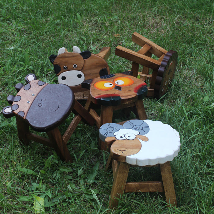OSAKA Kids Animal Wood Stool Hand Carved & Painted 26cm Genuine Solid Mango Wood