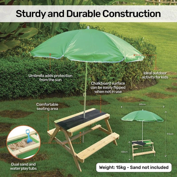Outdoor Wooden Table With Umbrella Green For Kids Chalkboard&Play Tubs