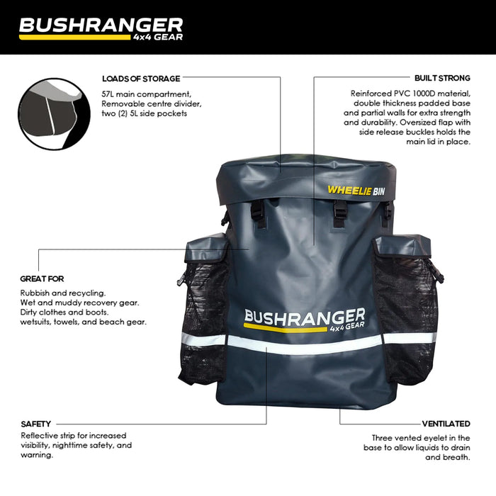 Bushranger Wheelie Bin Camping Garbage 4WD Offroad With reflective strip 67L AUSTOCK