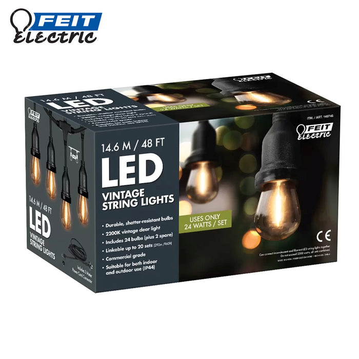 Feit 14.6m / 48ft Filament String Lights Set 24 LED Bulb+2 Spare Outdoor Or Indoor