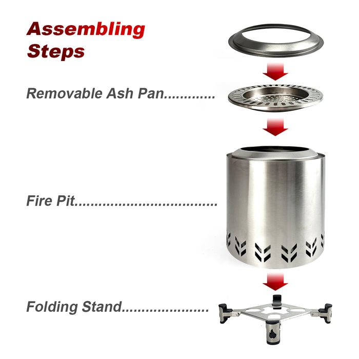 TOW Smokeless Fire Pit,  7Inch Wood Burning Fireplaces with Removable Ash Pan, Portable Outdoor Bonfire Firepit with Stand, Backyard, Patio & Camping, Stainless Steel, Easy Ignition & Setup