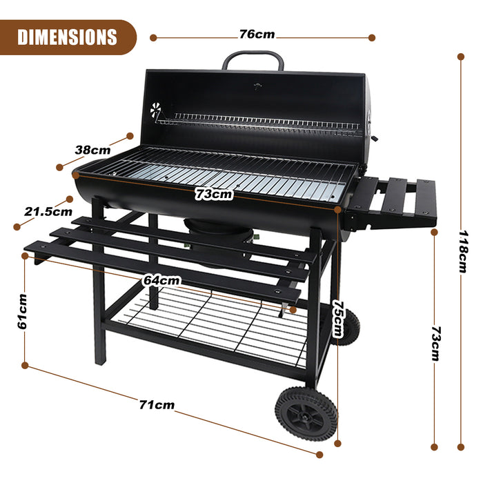 Portable Barrel BBQ Grill with Wheels &amp; Shelves – Heavy-Duty Steel Charcoal Grill, Outdoor Cooking Grill for Patio, Picnic &amp; Backyard (Black)