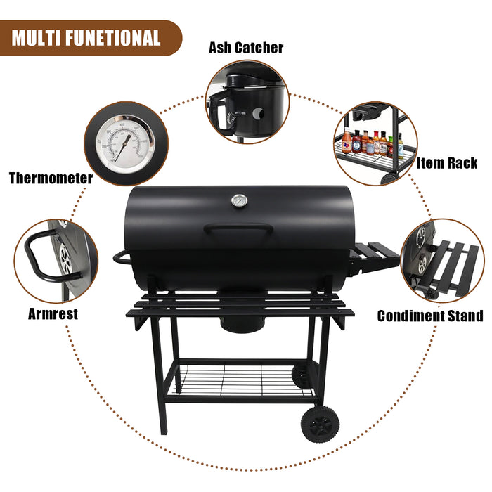 Portable Barrel BBQ Grill with Wheels &amp; Shelves – Heavy-Duty Steel Charcoal Grill, Outdoor Cooking Grill for Patio, Picnic &amp; Backyard (Black)
