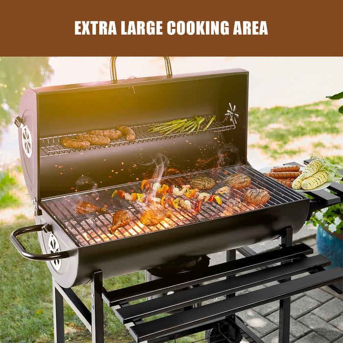 Portable Barrel BBQ Grill with Wheels &amp; Shelves – Heavy-Duty Steel Charcoal Grill, Outdoor Cooking Grill for Patio, Picnic &amp; Backyard (Black)