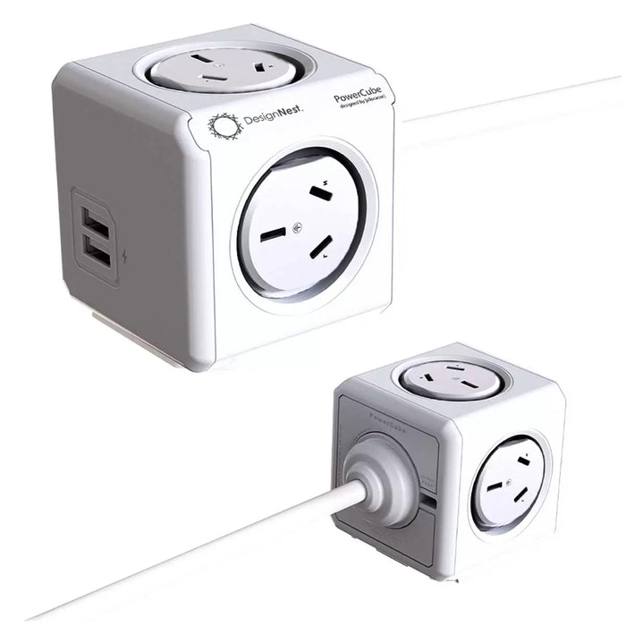 Allocacoc Twin Pack PowerCube Extended 1.5M Cable 4 Power Outlets White 2 USB