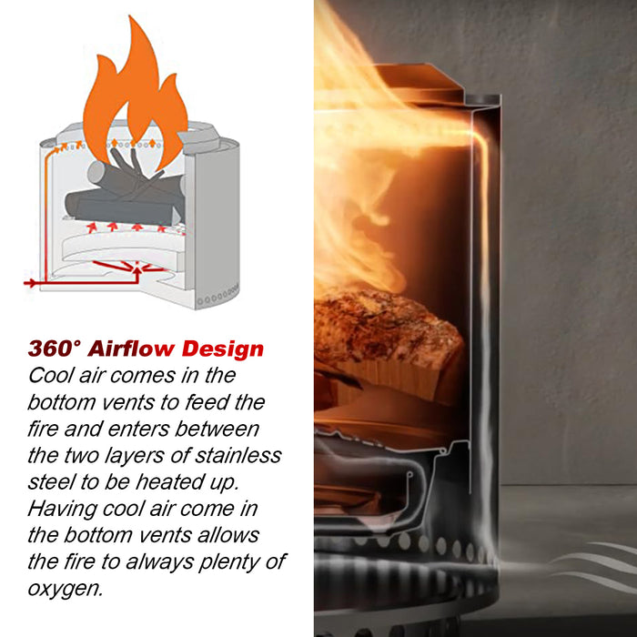 TOW Smokeless Fire Pit,  7Inch Wood Burning Fireplaces with Removable Ash Pan, Portable Outdoor Bonfire Firepit with Stand, Backyard, Patio & Camping, Stainless Steel, Easy Ignition & Setup