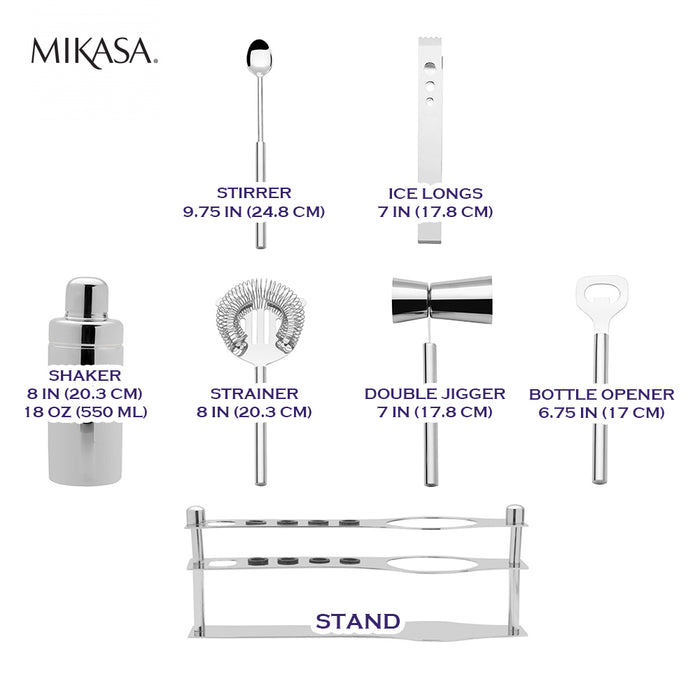 Mikasa 6 Piece Luxe Stainless Steel Bar Tool Set 550ml / 20.3cm Shaker With Stand