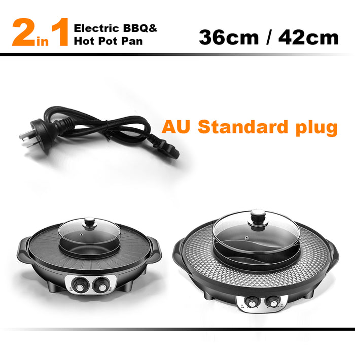 36cm Electric 2 In 1 Non-Stick BBQ Plate Hot Pot Pan Shabu Grill Barbecue For Party