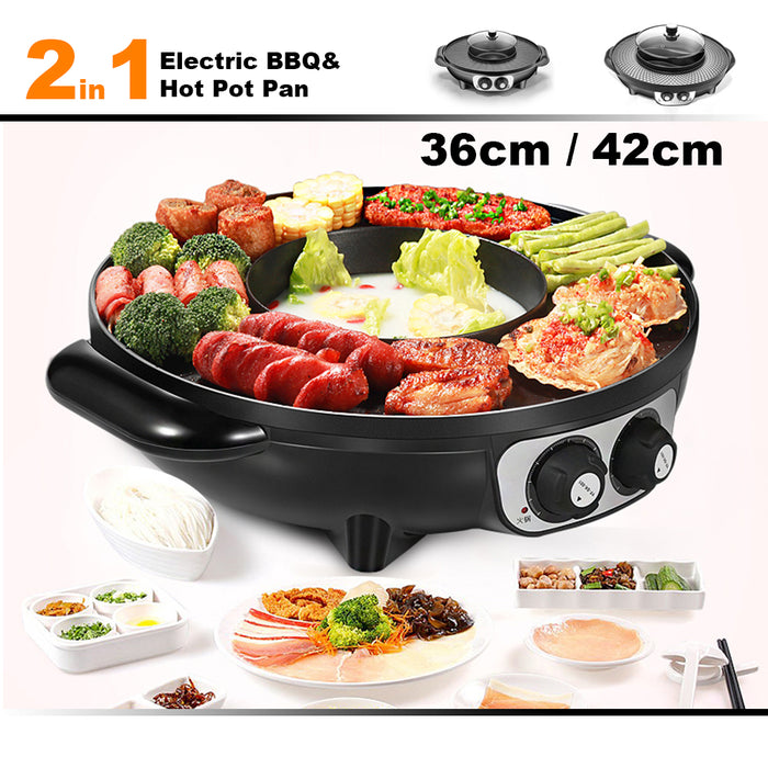 36cm Electric 2 In 1 Non-Stick BBQ Plate Hot Pot Pan Shabu Grill Barbecue For Party