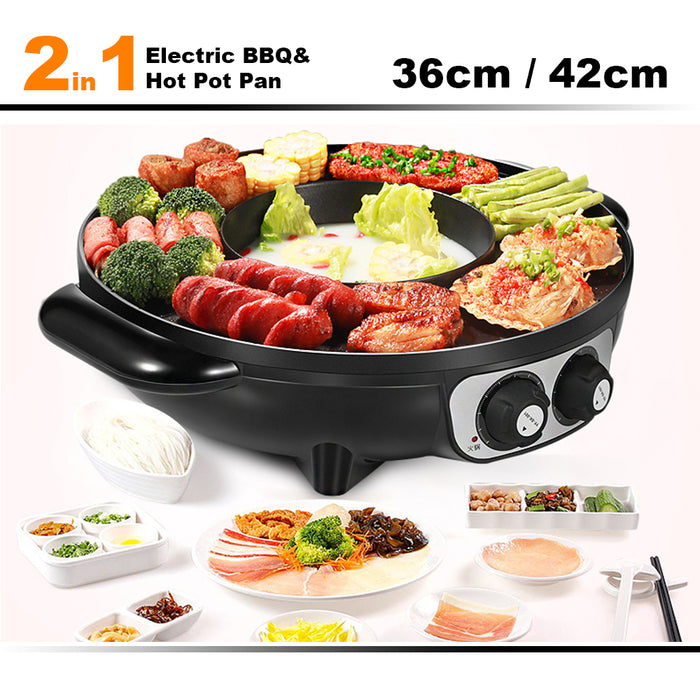 42cm Electric 2 In 1 Non-Stick BBQ Plate Hot Pot Pan For Party Shabu Grill Barbecue