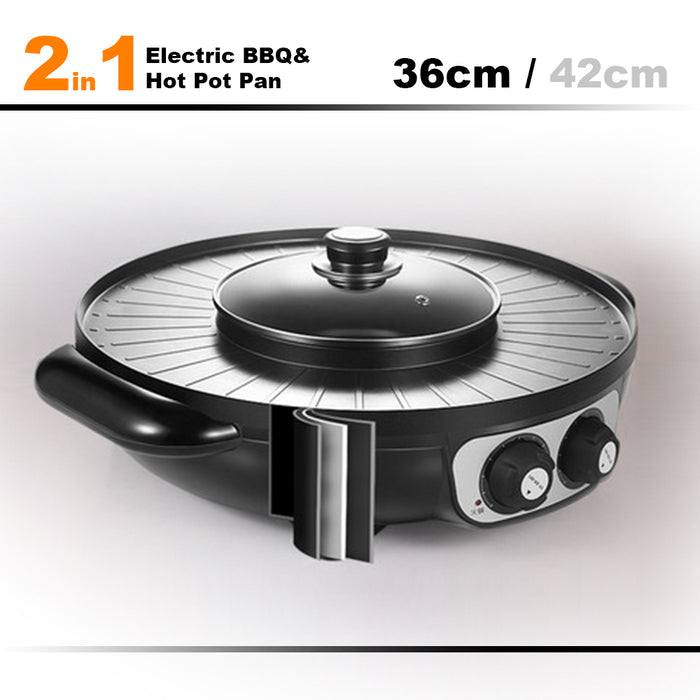 36cm Electric 2 In 1 Non-Stick BBQ Plate Hot Pot Pan Shabu Grill Barbecue For Party