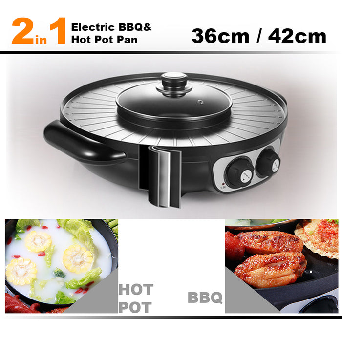 36cm Electric 2 In 1 Non-Stick BBQ Plate Hot Pot Pan Shabu Grill Barbecue For Party