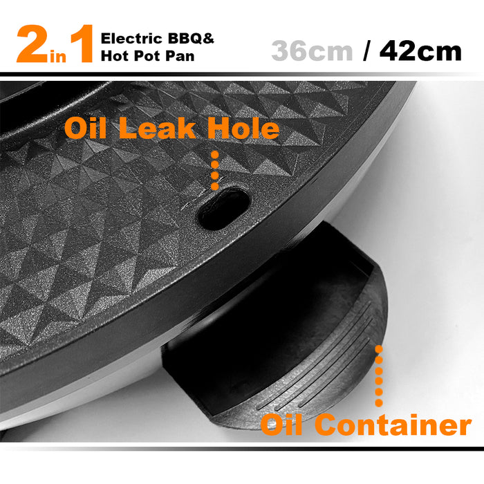 42cm Electric 2 In 1 Non-Stick BBQ Plate Hot Pot Pan For Party Shabu Grill Barbecue