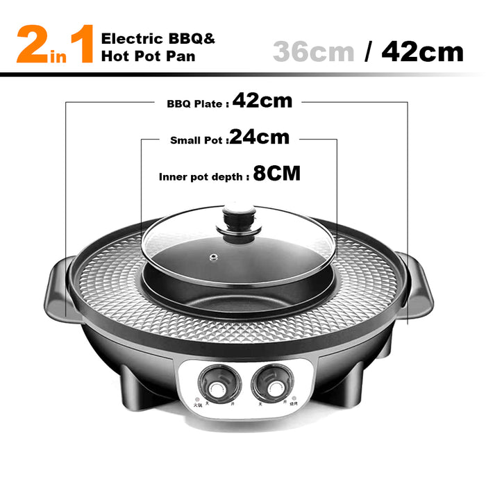 42cm Electric 2 In 1 Non-Stick BBQ Plate Hot Pot Pan For Party Shabu Grill Barbecue