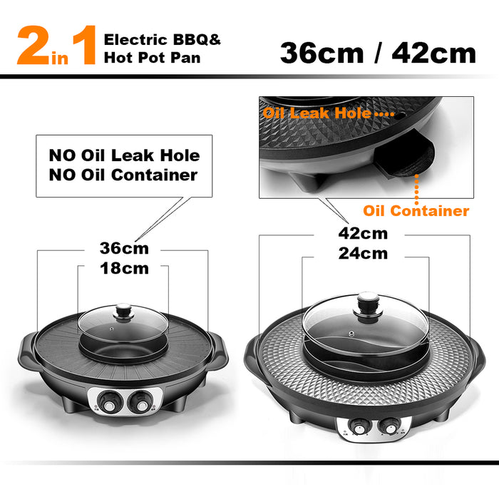 36cm Electric 2 In 1 Non-Stick BBQ Plate Hot Pot Pan Shabu Grill Barbecue For Party