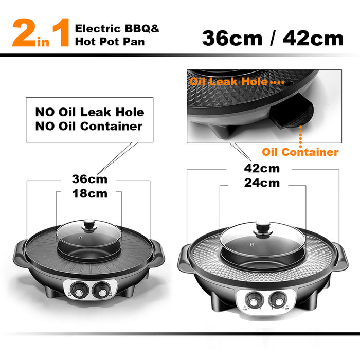 42cm Electric 2 In 1 Non-Stick BBQ Plate Hot Pot Pan For Party Shabu Grill Barbecue