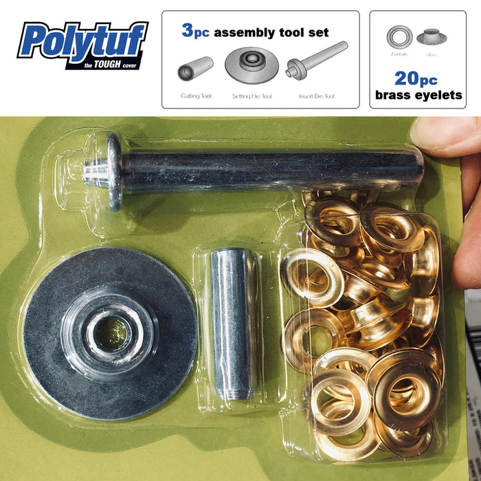 2X Polytuf 3pcs Tarp Eyelet Punch Set + 20x10mm Brass Eyelet Tarps Repairing
