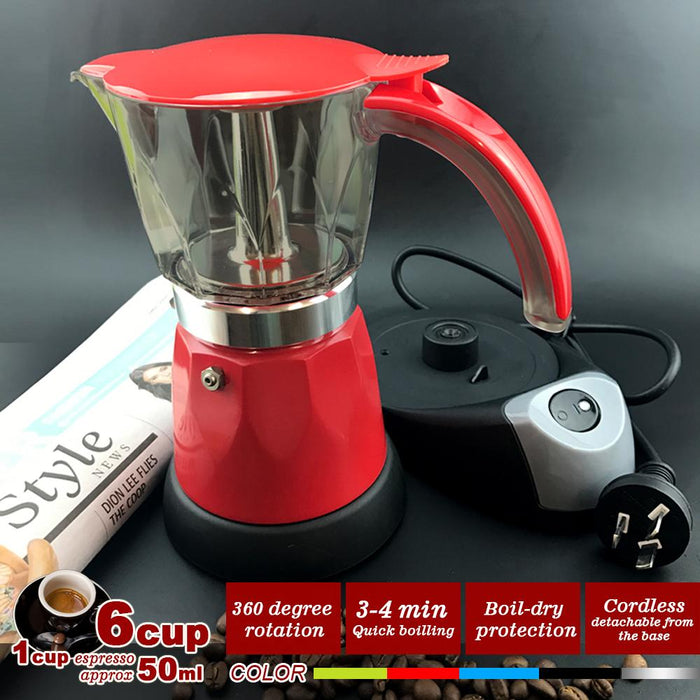Red Electric Moka Coffee Maker Espresso Machine Italian Classic 6Cups Auto Power